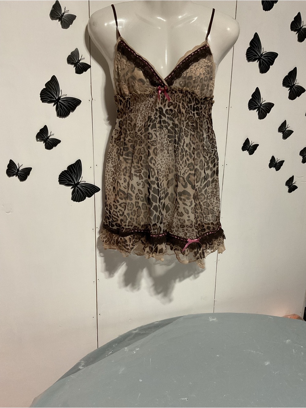 Leopard Print Chiffon Babydoll Nightie with Lace Trim